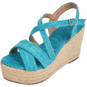 imageSHEMEE Womens Platform Wedges Sandals Espadrilles High Heeled Sandals Ankle Cross Strappy Buckled Summer ShoesBlue