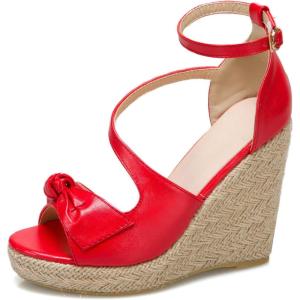 imageSHEMEE Womens Round Open Toe Espadrille Wedge Sandals Platform High Heel Ankle Strap Buckle Bow Sandalias Summer ShoesRed