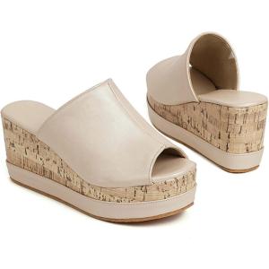 imageSHEMEE Womens Wedge Platform Slippers Peep Toe Mules Sandals Slipon Heeled Summer Slides ShoesBeige