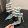 imageSHEMEE Chic Strappy High Heels for Women Stiletto Gladiator Sandals Embellished Butterfly Denim Tassels Fashion Show Dress ShoesLight Blue
