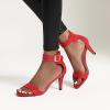 imageSHEMEE Womens Summer Ankle Strap Kitten Heel Pump Sandals Stiletto High Heeled Round Open Toe Buckle ShoesRed