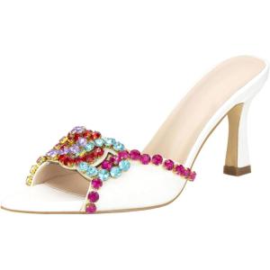 imageSHEMEE Womens Peep Toe High Heeled Mule Sandals Sexy Pointy Toe Stiletto Heels Slide Sandal Stage Show Catwalk ShoesWhite