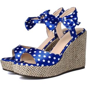 imageSHEMEE Womens Peep Toe Wedge Heels Sandals Stylish Platform High Heeled SandalsBlue Polka Dots