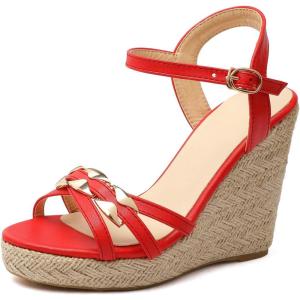 imageSHEMEE Womens Peep Toe Wedge Heels Sandals Stylish Platform High Heeled SandalsRed