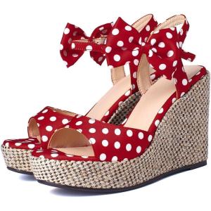 imageSHEMEE Womens Peep Toe Wedge Heels Sandals Stylish Platform High Heeled SandalsRed Polka Dots