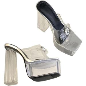 imageSHEMEE Womens Square Toe Block Heeled Sandals Chunky High Heels Mules Slingback SlipOn Summer Shoes for Party WeddingSilver Style3