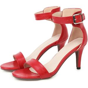 imageSHEMEE Womens Summer Ankle Strap Kitten Heel Pump Sandals Stiletto High Heeled Round Open Toe Buckle ShoesRed