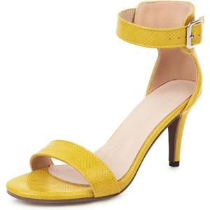 imageSHEMEE Womens Summer Ankle Strap Kitten Heel Pump Sandals Stiletto High Heeled Round Open Toe Buckle ShoesYellow