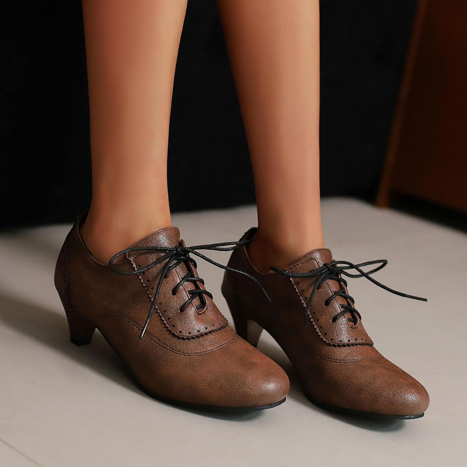 imageSHEMEE Vintage Kitten Heels Oxford Pumps for Women Stacked Cone Heel Victorian Witch Shoes LaceUp Brogues Work Office ShoeDark Brown 502