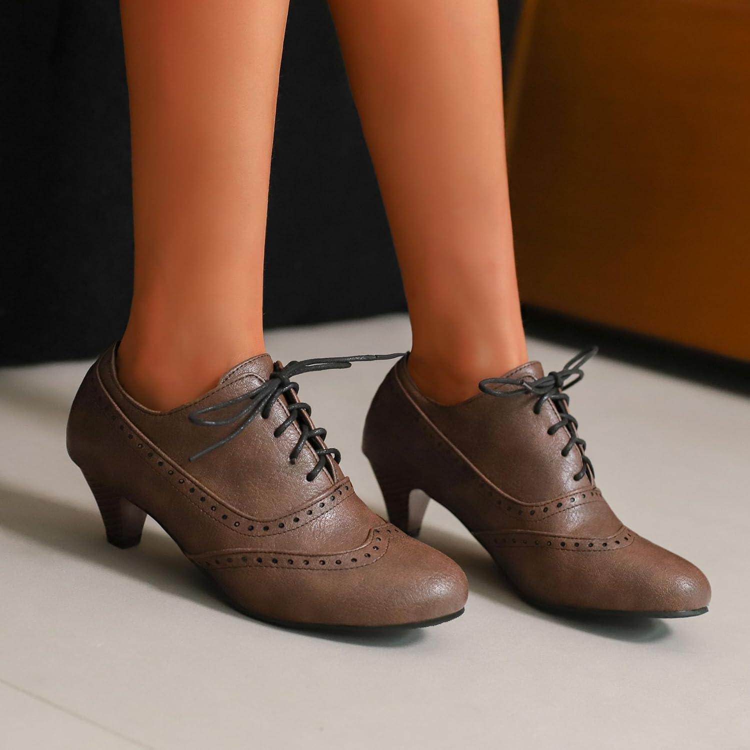 imageSHEMEE Vintage Kitten Heels Oxford Pumps for Women Stacked Cone Heel Victorian Witch Shoes LaceUp Brogues Work Office ShoeDark Brown 503