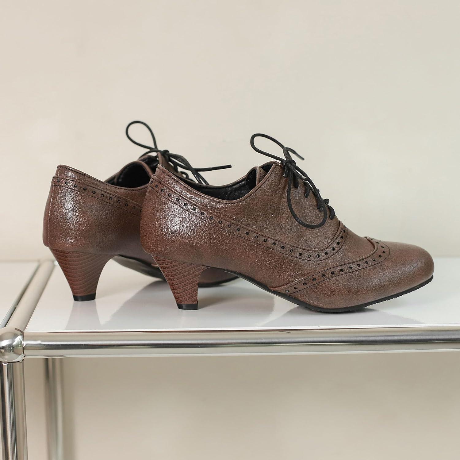 imageSHEMEE Vintage Kitten Heels Oxford Pumps for Women Stacked Cone Heel Victorian Witch Shoes LaceUp Brogues Work Office ShoeDark Brown 503