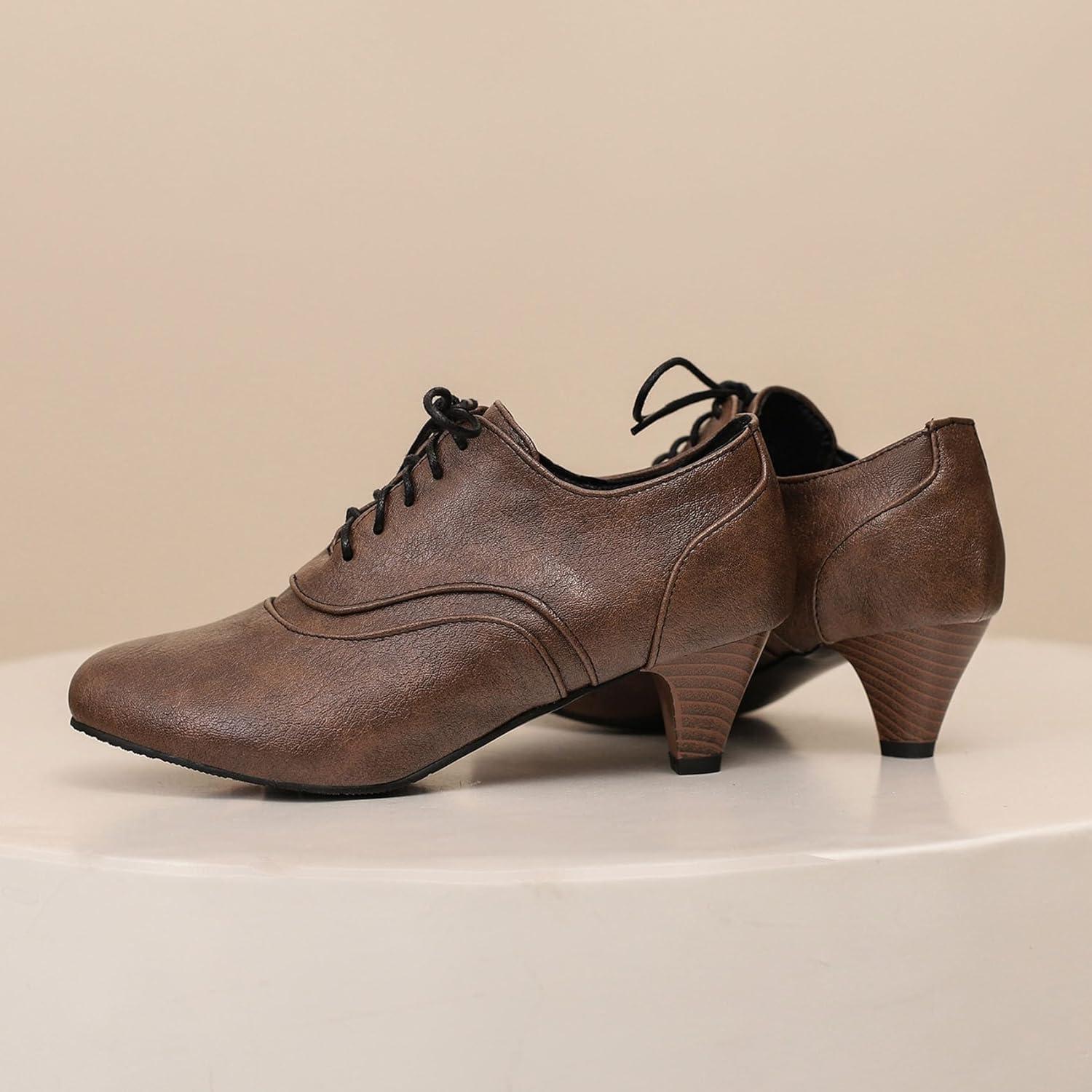 imageSHEMEE Vintage Kitten Heels Oxford Pumps for Women Stacked Cone Heel Victorian Witch Shoes LaceUp Brogues Work Office ShoeDark Brown 504