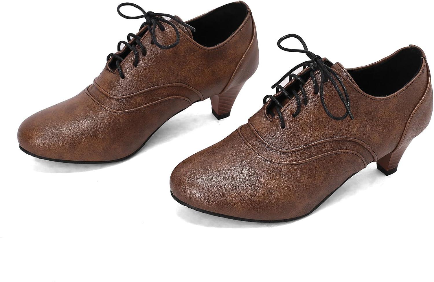 imageSHEMEE Vintage Kitten Heels Oxford Pumps for Women Stacked Cone Heel Victorian Witch Shoes LaceUp Brogues Work Office ShoeDark Brown 504
