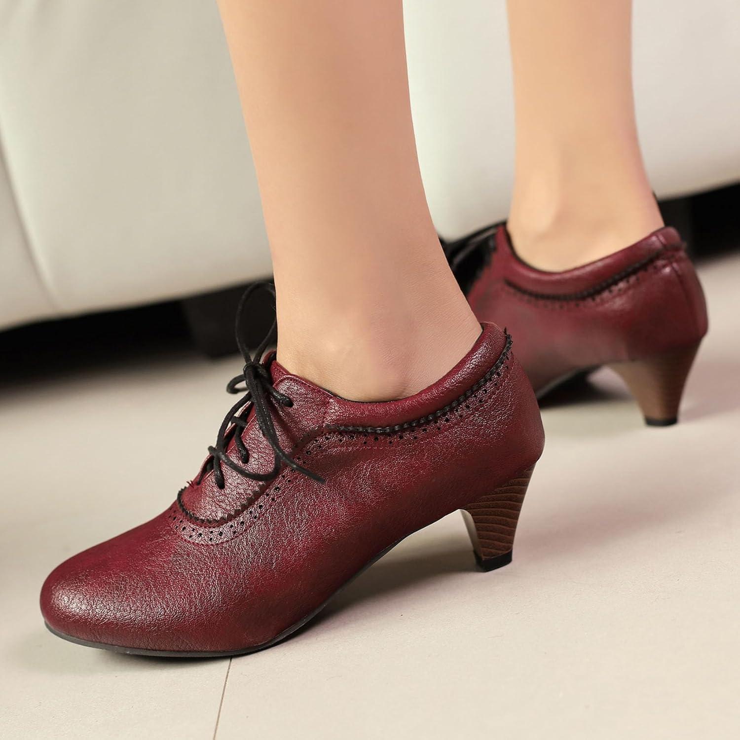 imageSHEMEE Vintage Kitten Heels Oxford Pumps for Women Stacked Cone Heel Victorian Witch Shoes LaceUp Brogues Work Office ShoeRed 501