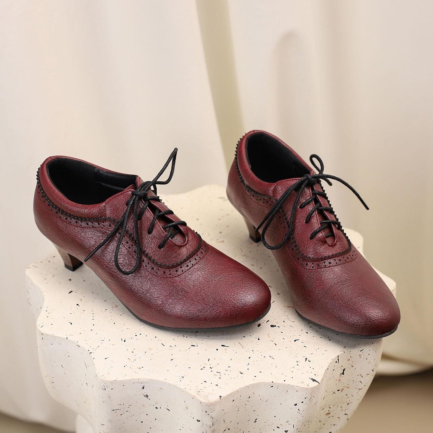 imageSHEMEE Vintage Kitten Heels Oxford Pumps for Women Stacked Cone Heel Victorian Witch Shoes LaceUp Brogues Work Office ShoeRed 501