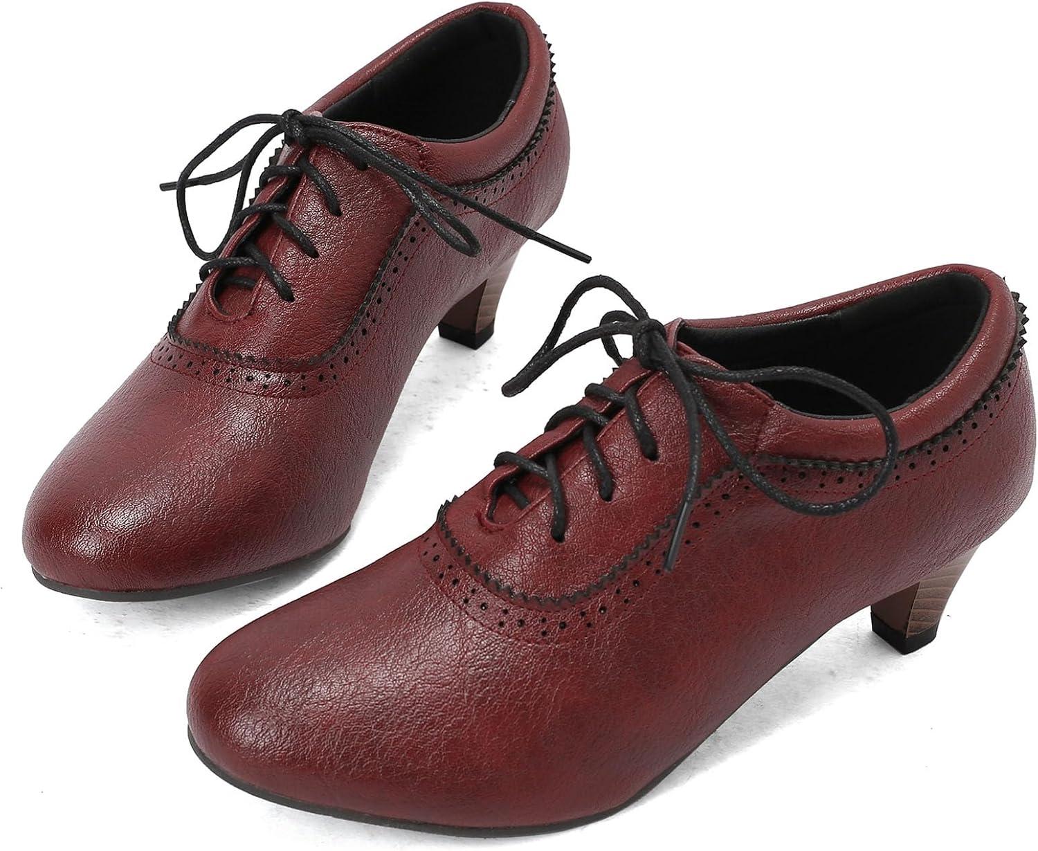 imageSHEMEE Vintage Kitten Heels Oxford Pumps for Women Stacked Cone Heel Victorian Witch Shoes LaceUp Brogues Work Office ShoeRed 501