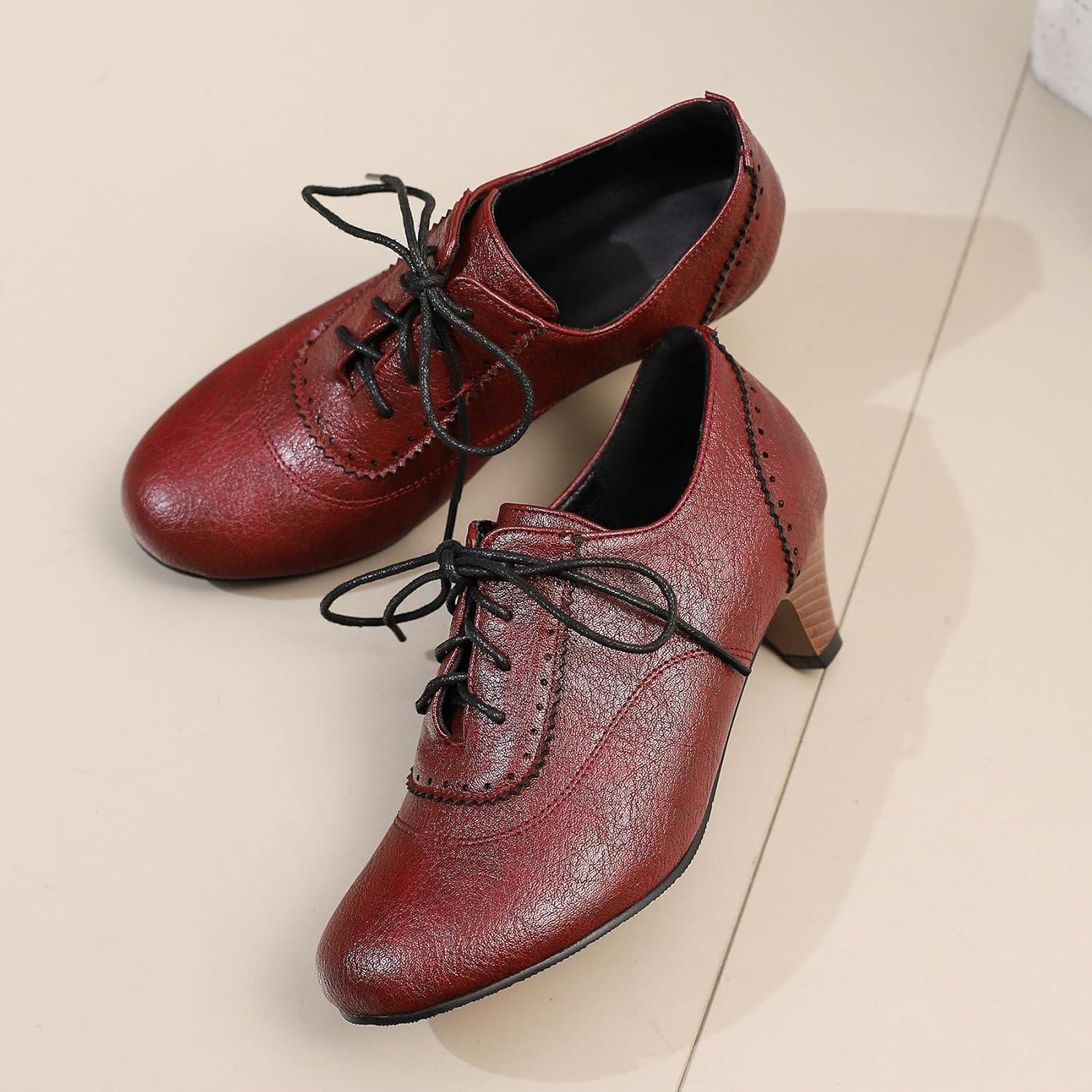 imageSHEMEE Vintage Kitten Heels Oxford Pumps for Women Stacked Cone Heel Victorian Witch Shoes LaceUp Brogues Work Office ShoeRed 502