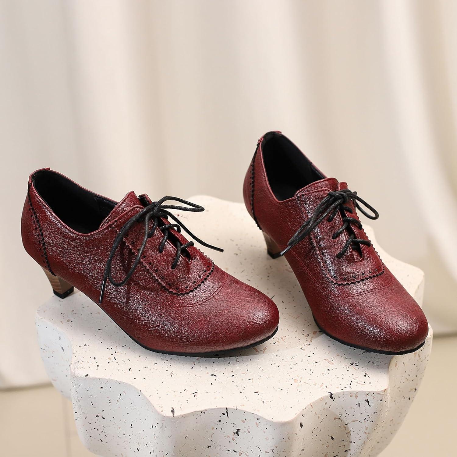 imageSHEMEE Vintage Kitten Heels Oxford Pumps for Women Stacked Cone Heel Victorian Witch Shoes LaceUp Brogues Work Office ShoeRed 502
