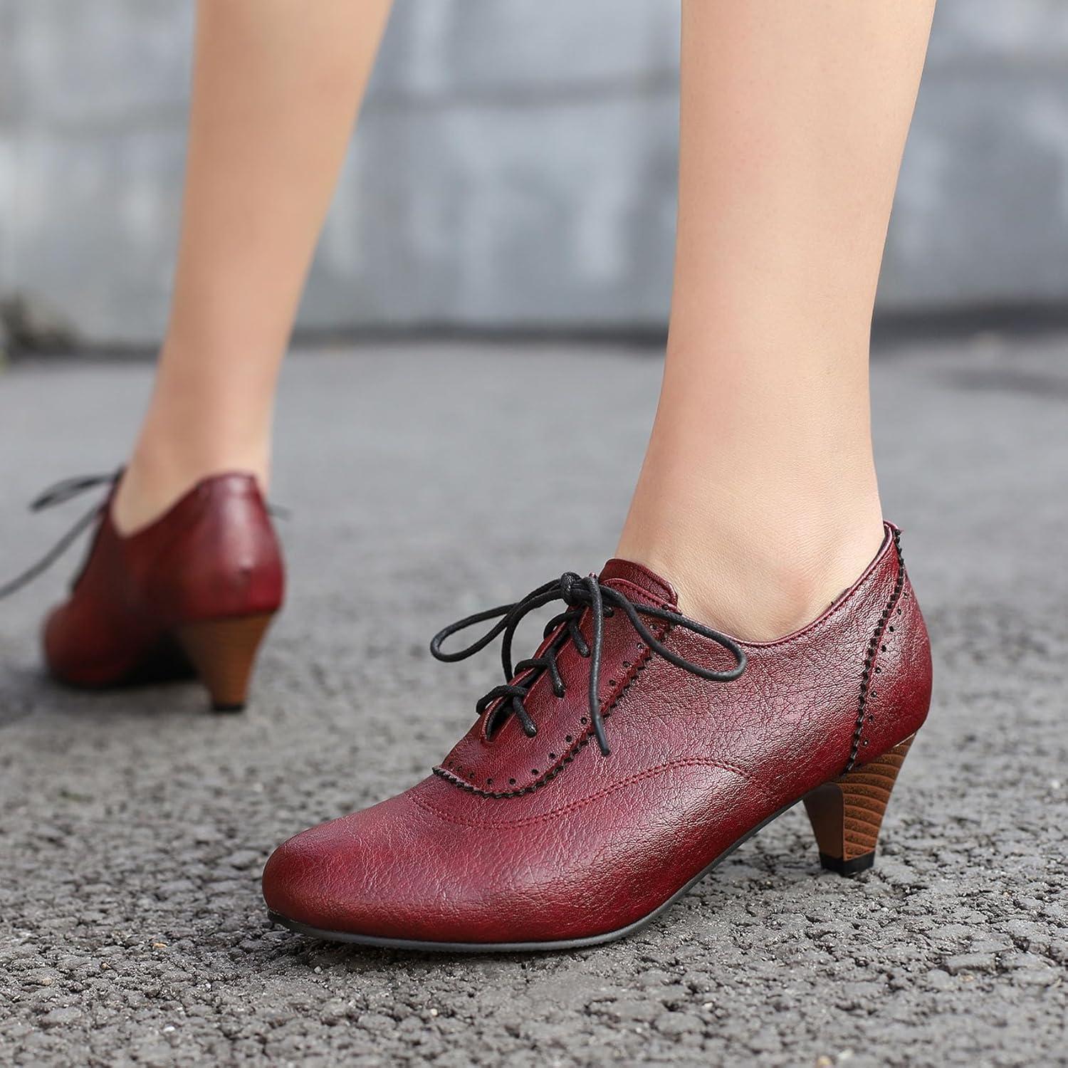 imageSHEMEE Vintage Kitten Heels Oxford Pumps for Women Stacked Cone Heel Victorian Witch Shoes LaceUp Brogues Work Office ShoeRed 502