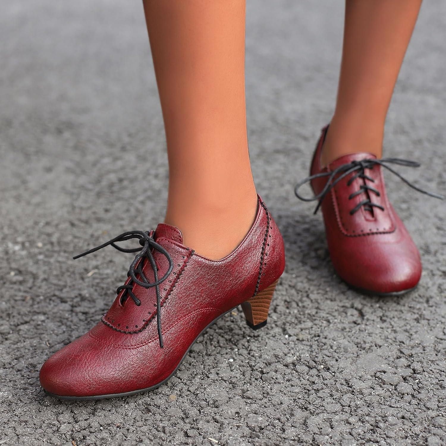 imageSHEMEE Vintage Kitten Heels Oxford Pumps for Women Stacked Cone Heel Victorian Witch Shoes LaceUp Brogues Work Office ShoeRed 502