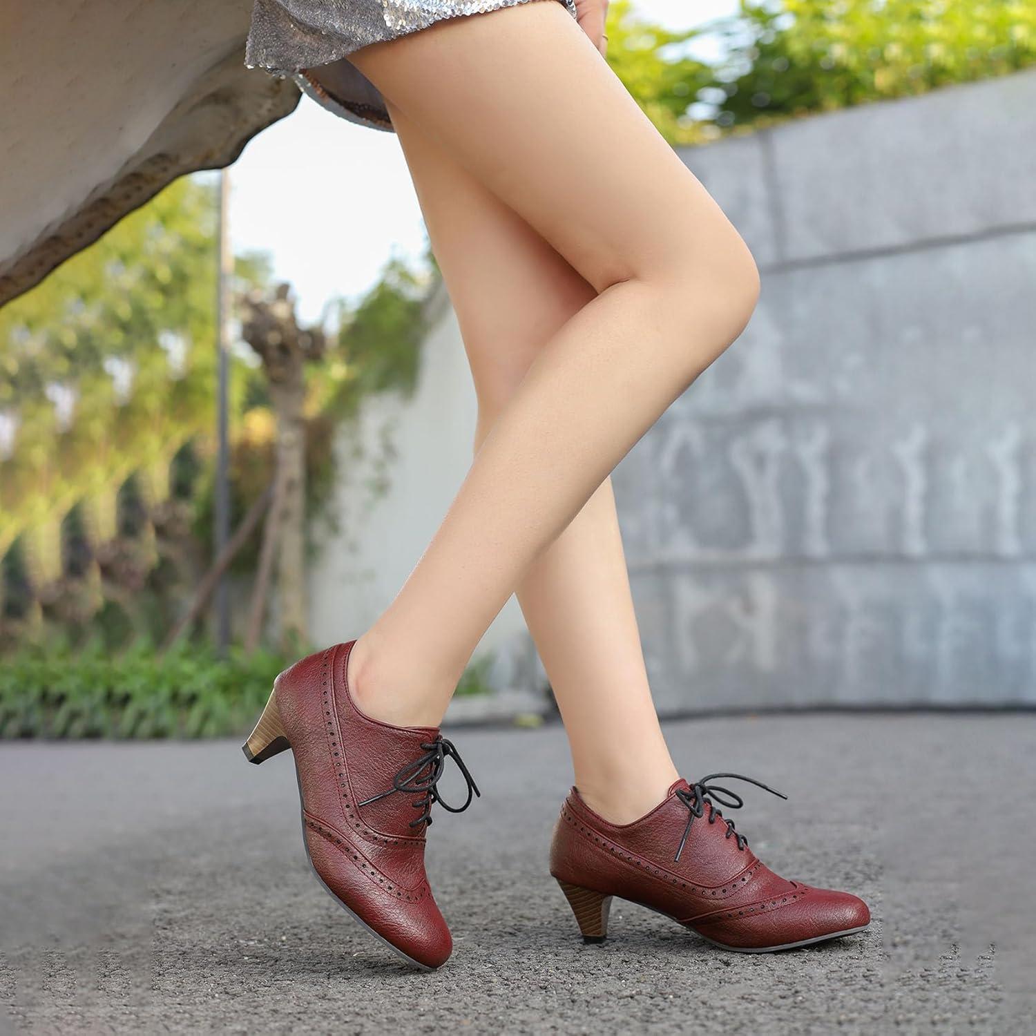 imageSHEMEE Vintage Kitten Heels Oxford Pumps for Women Stacked Cone Heel Victorian Witch Shoes LaceUp Brogues Work Office ShoeRed 503
