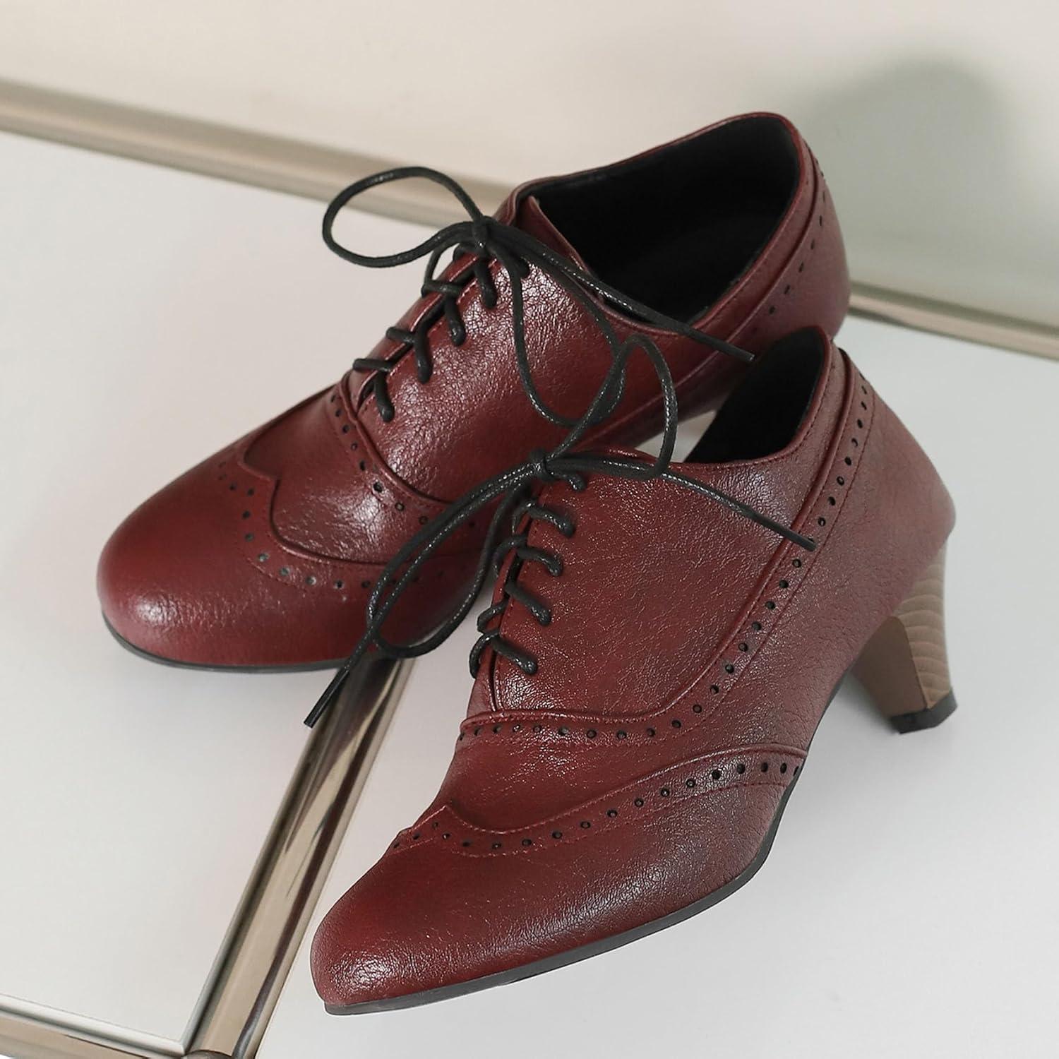 imageSHEMEE Vintage Kitten Heels Oxford Pumps for Women Stacked Cone Heel Victorian Witch Shoes LaceUp Brogues Work Office ShoeRed 503