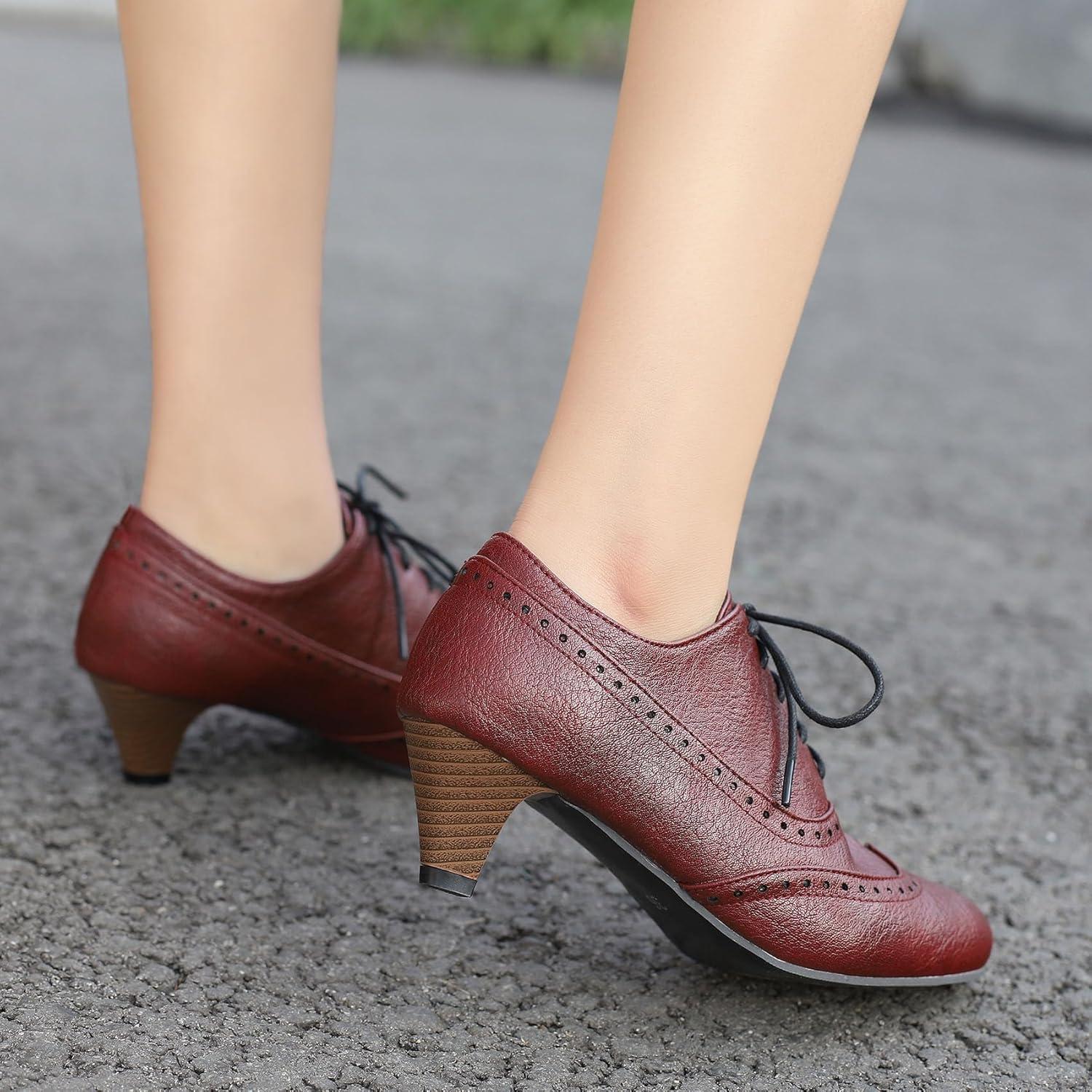 imageSHEMEE Vintage Kitten Heels Oxford Pumps for Women Stacked Cone Heel Victorian Witch Shoes LaceUp Brogues Work Office ShoeRed 503