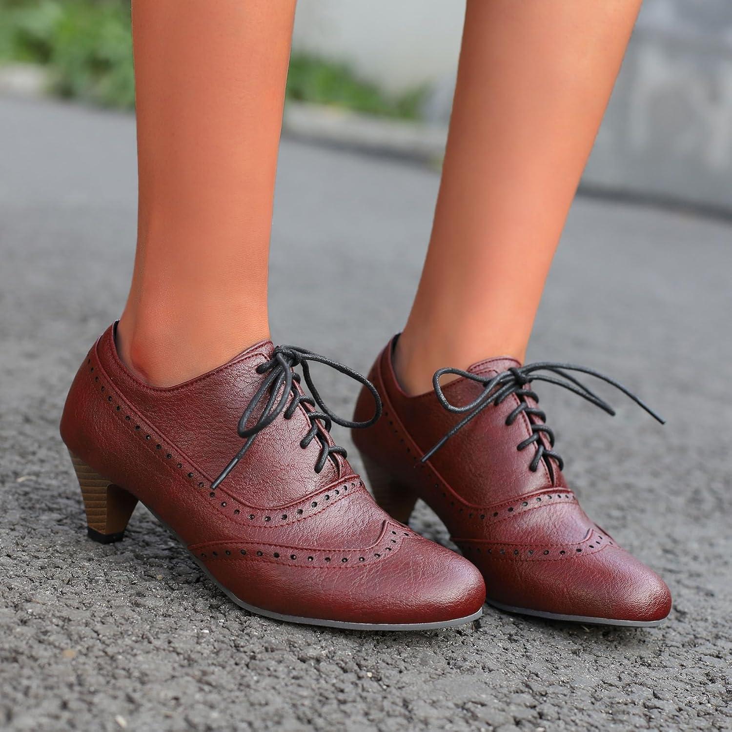 imageSHEMEE Vintage Kitten Heels Oxford Pumps for Women Stacked Cone Heel Victorian Witch Shoes LaceUp Brogues Work Office ShoeRed 503