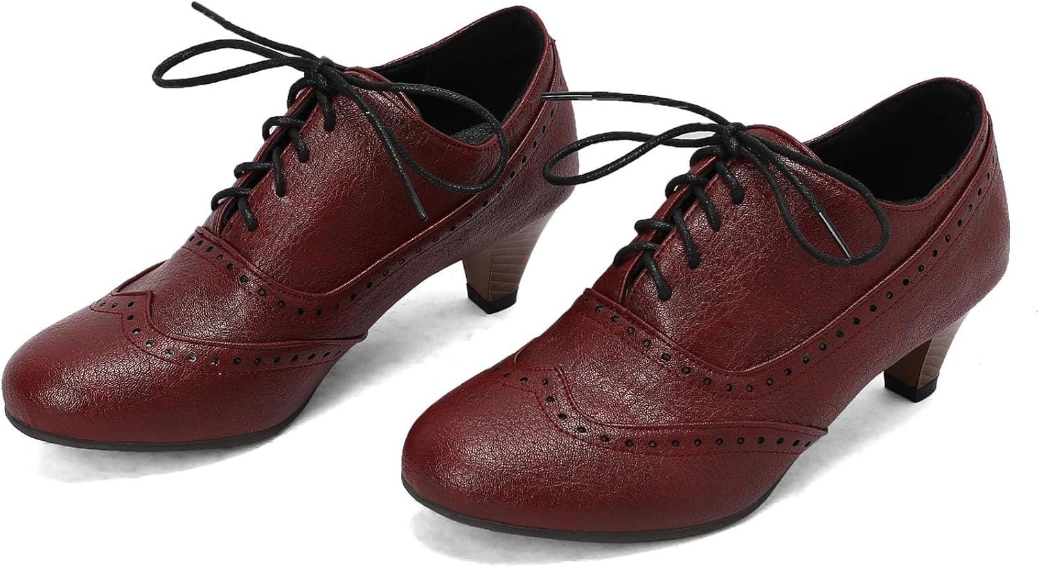 imageSHEMEE Vintage Kitten Heels Oxford Pumps for Women Stacked Cone Heel Victorian Witch Shoes LaceUp Brogues Work Office ShoeRed 503