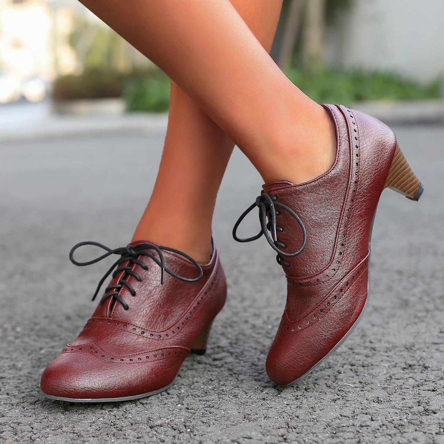 imageSHEMEE Vintage Kitten Heels Oxford Pumps for Women Stacked Cone Heel Victorian Witch Shoes LaceUp Brogues Work Office ShoeRed 503