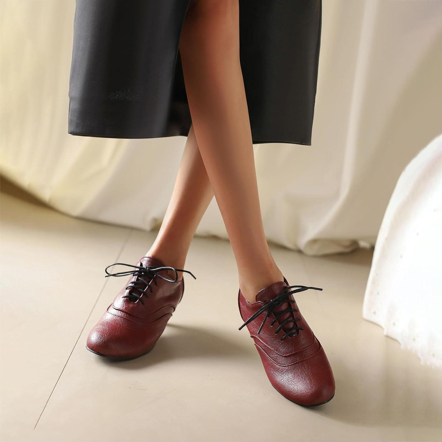 imageSHEMEE Vintage Kitten Heels Oxford Pumps for Women Stacked Cone Heel Victorian Witch Shoes LaceUp Brogues Work Office ShoeRed 504