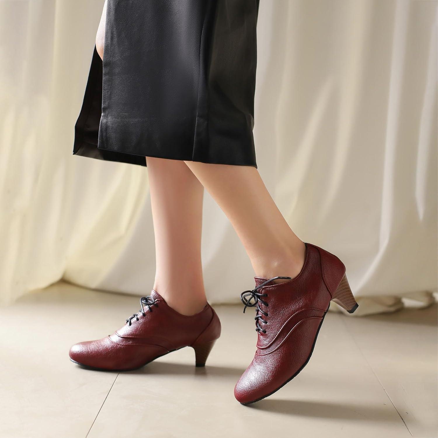 imageSHEMEE Vintage Kitten Heels Oxford Pumps for Women Stacked Cone Heel Victorian Witch Shoes LaceUp Brogues Work Office ShoeRed 504