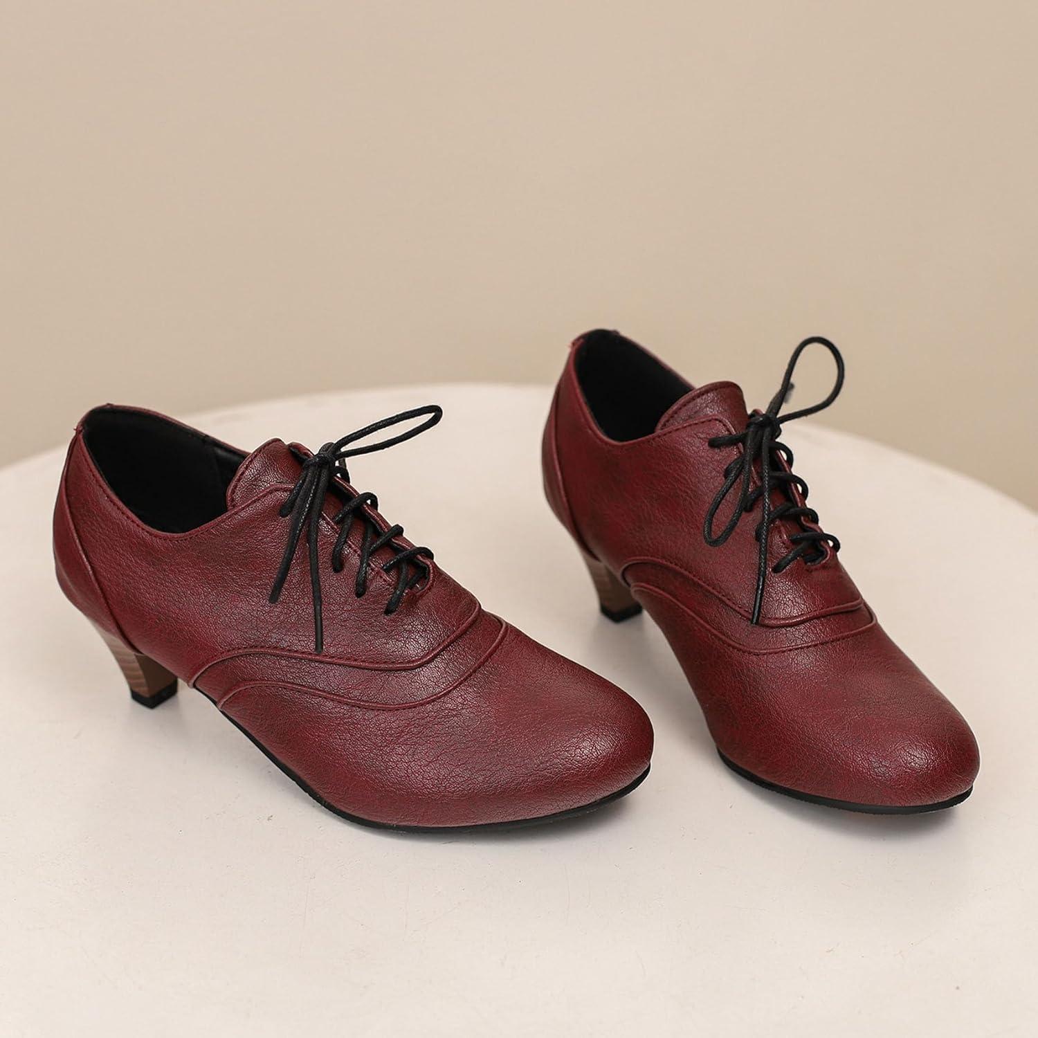 imageSHEMEE Vintage Kitten Heels Oxford Pumps for Women Stacked Cone Heel Victorian Witch Shoes LaceUp Brogues Work Office ShoeRed 504