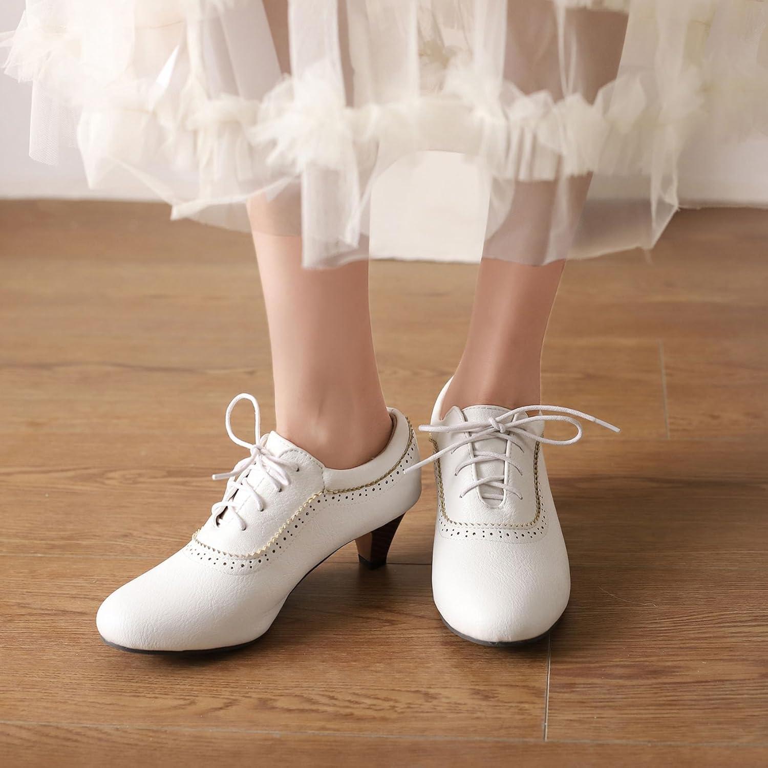 imageSHEMEE Vintage Kitten Heels Oxford Pumps for Women Stacked Cone Heel Victorian Witch Shoes LaceUp Brogues Work Office ShoeWhite 501