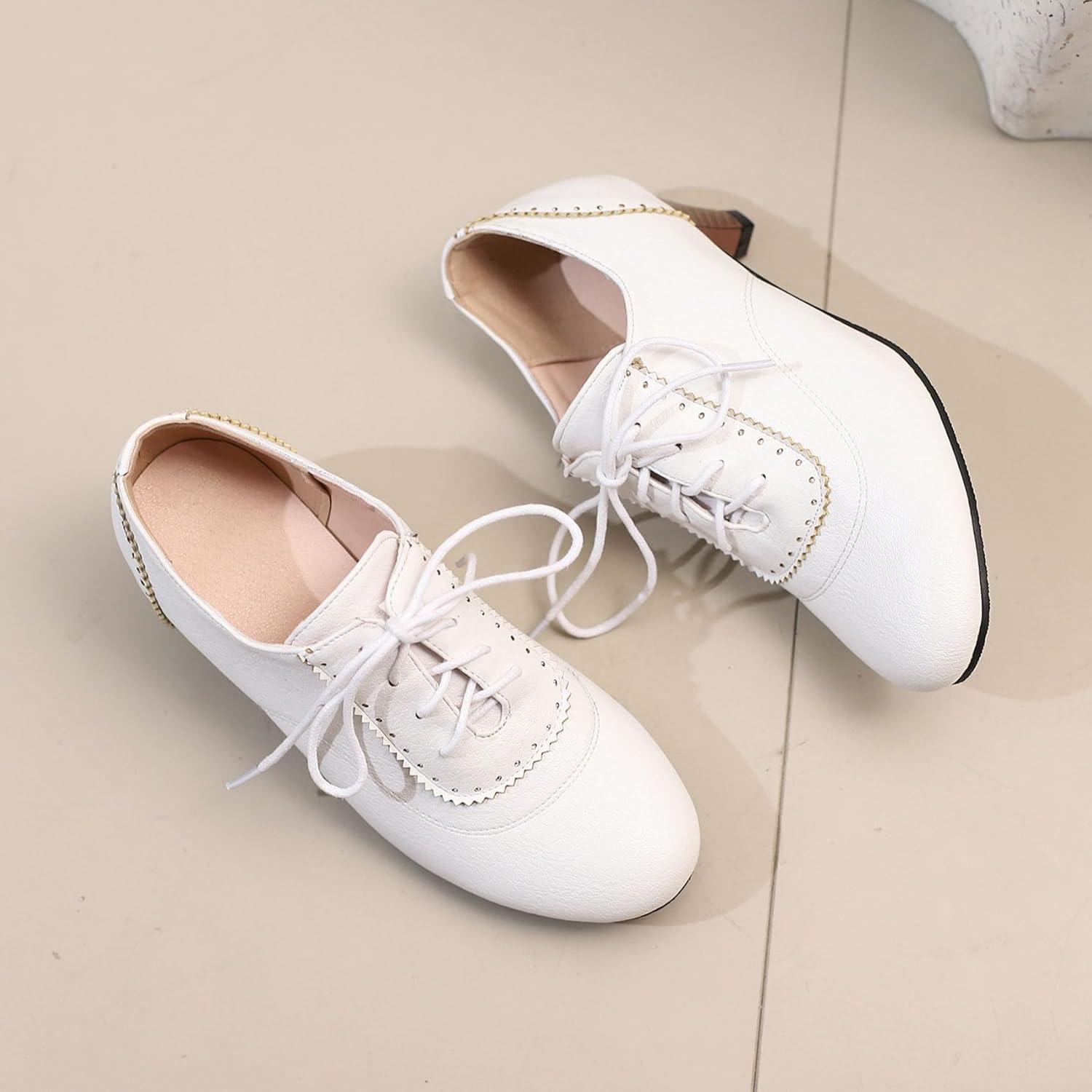 imageSHEMEE Vintage Kitten Heels Oxford Pumps for Women Stacked Cone Heel Victorian Witch Shoes LaceUp Brogues Work Office ShoeWhite 502
