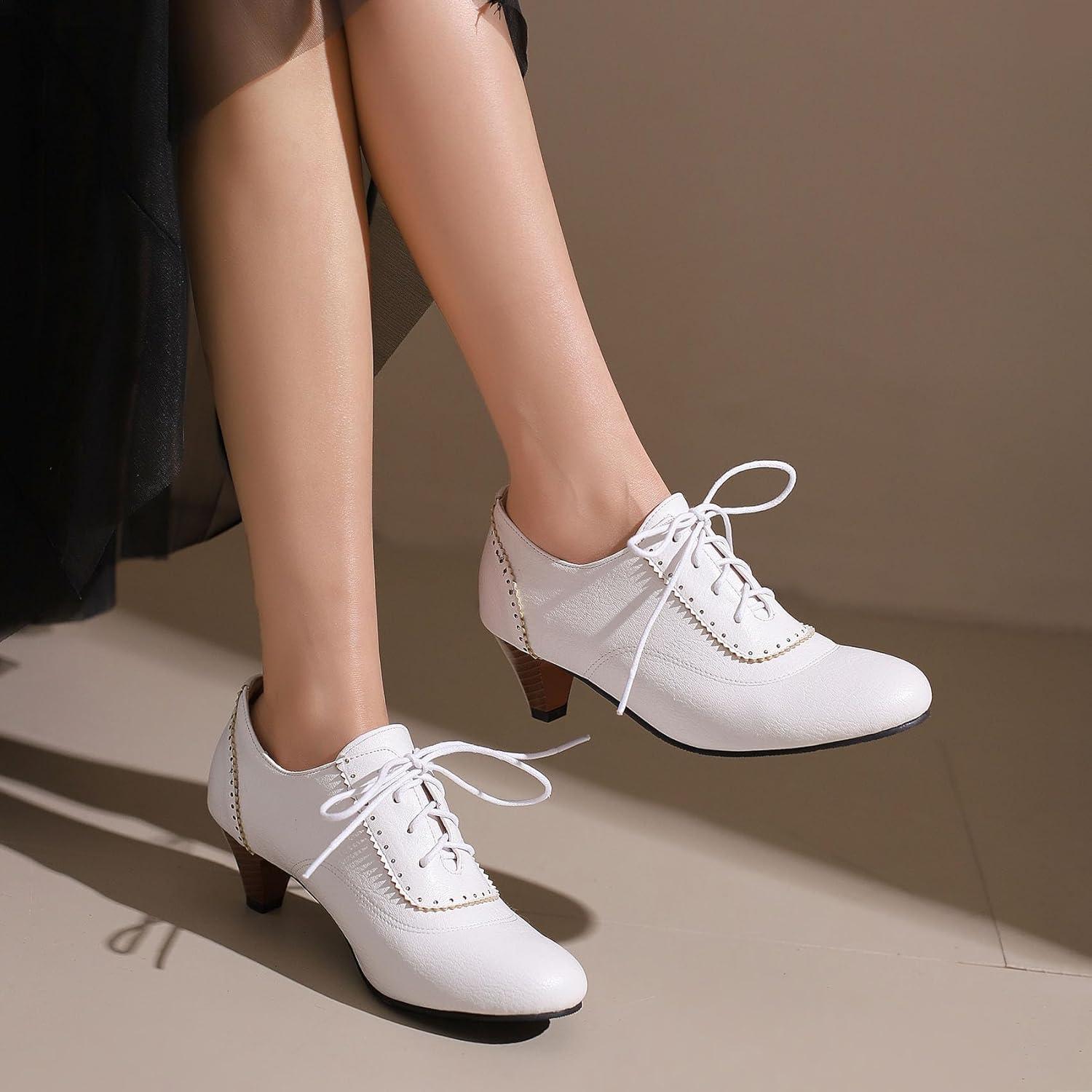 imageSHEMEE Vintage Kitten Heels Oxford Pumps for Women Stacked Cone Heel Victorian Witch Shoes LaceUp Brogues Work Office ShoeWhite 502