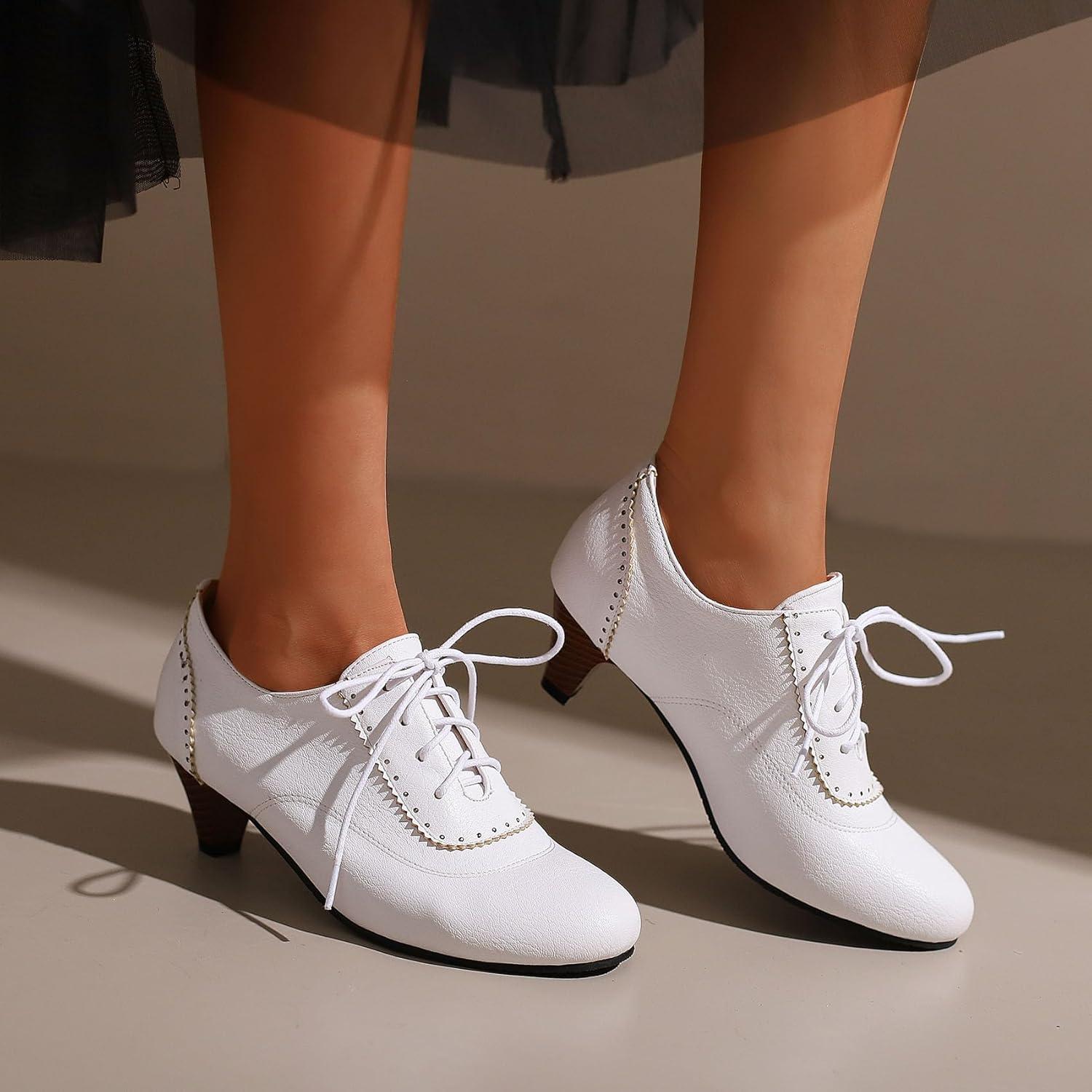 imageSHEMEE Vintage Kitten Heels Oxford Pumps for Women Stacked Cone Heel Victorian Witch Shoes LaceUp Brogues Work Office ShoeWhite 502