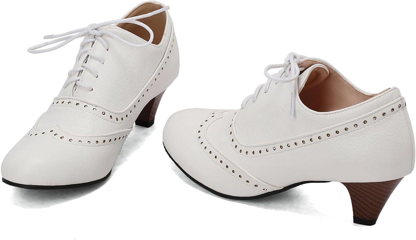 imageSHEMEE Vintage Kitten Heels Oxford Pumps for Women Stacked Cone Heel Victorian Witch Shoes LaceUp Brogues Work Office ShoeWhite 503