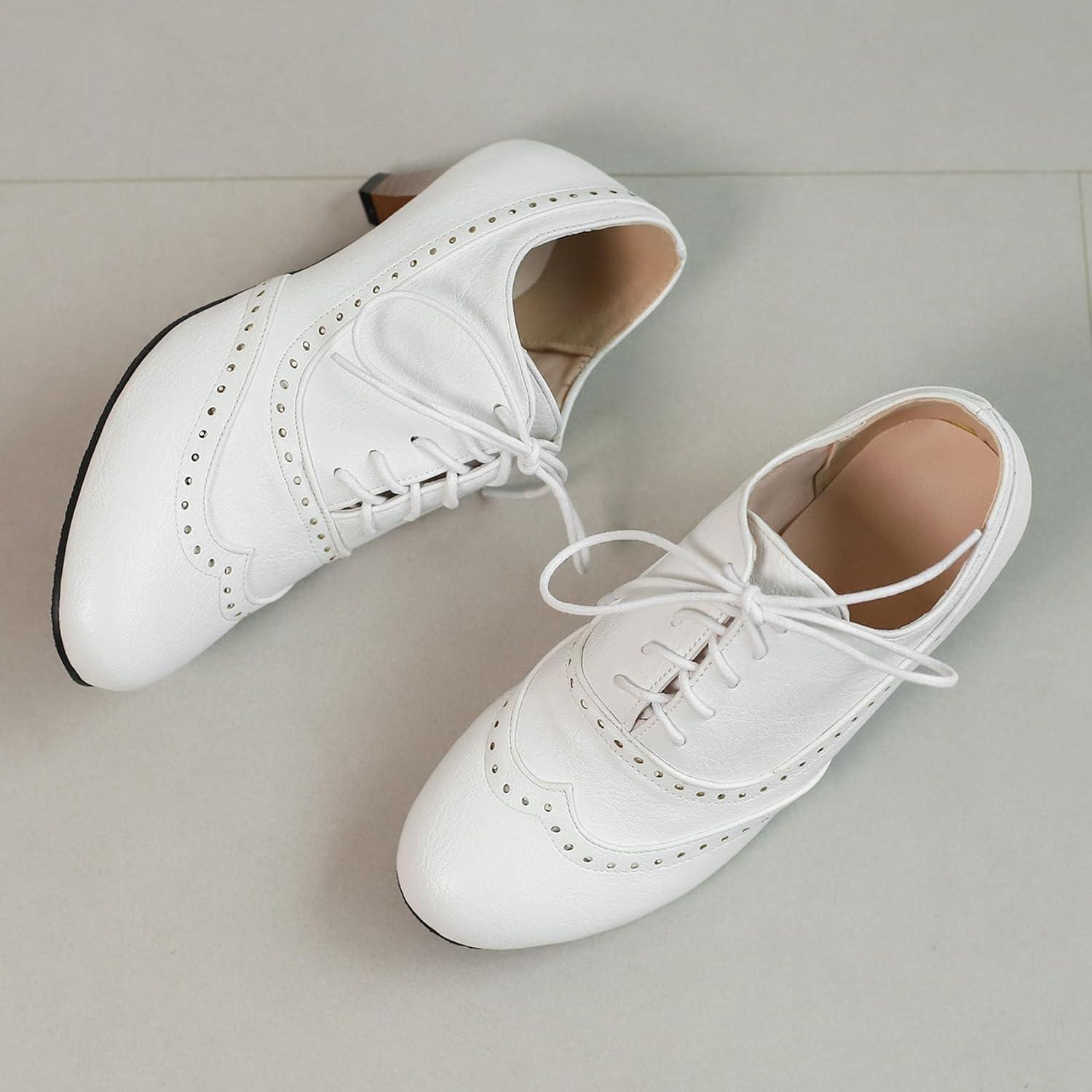 imageSHEMEE Vintage Kitten Heels Oxford Pumps for Women Stacked Cone Heel Victorian Witch Shoes LaceUp Brogues Work Office ShoeWhite 503
