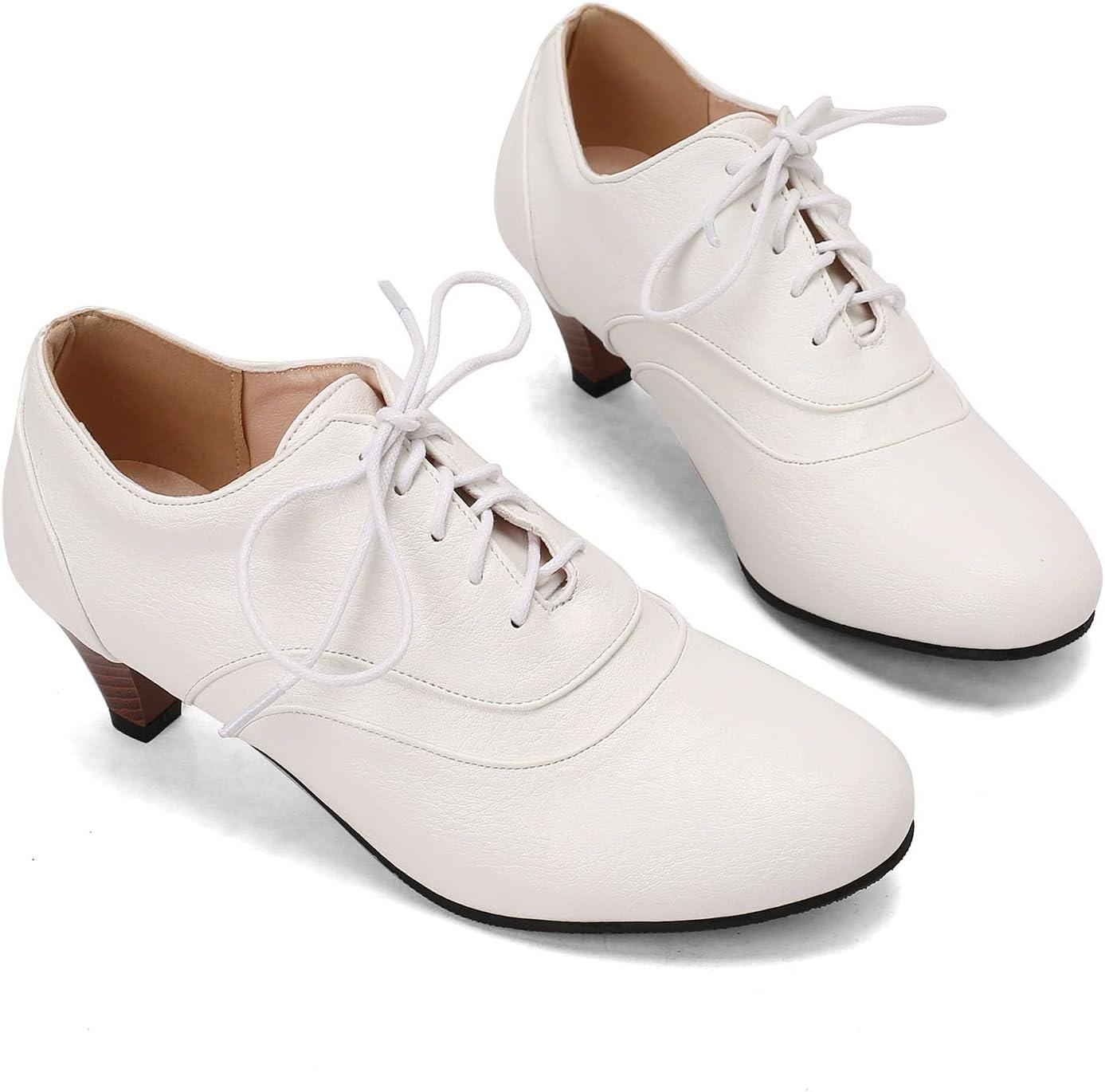 imageSHEMEE Vintage Kitten Heels Oxford Pumps for Women Stacked Cone Heel Victorian Witch Shoes LaceUp Brogues Work Office ShoeWhite 504