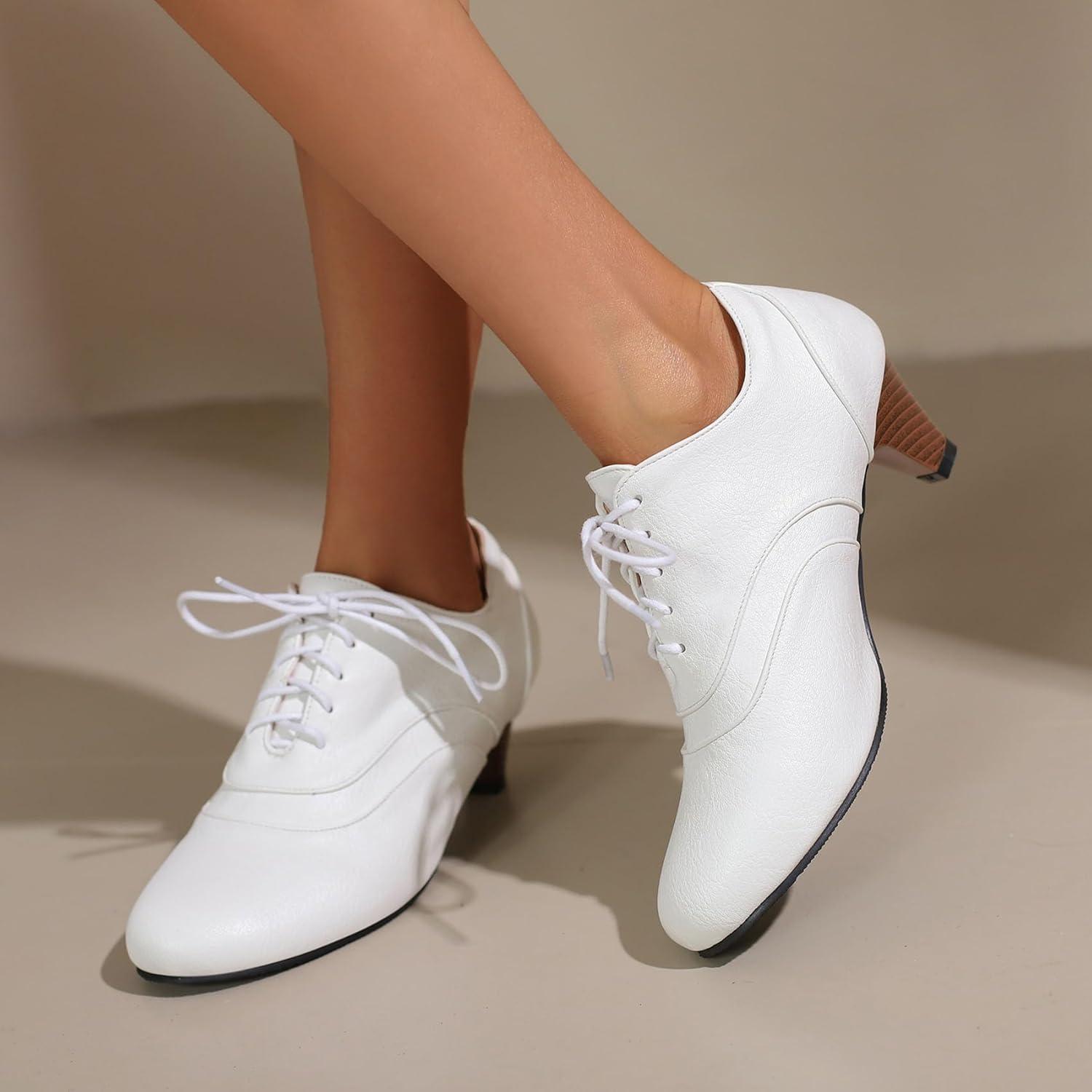 imageSHEMEE Vintage Kitten Heels Oxford Pumps for Women Stacked Cone Heel Victorian Witch Shoes LaceUp Brogues Work Office ShoeWhite 504