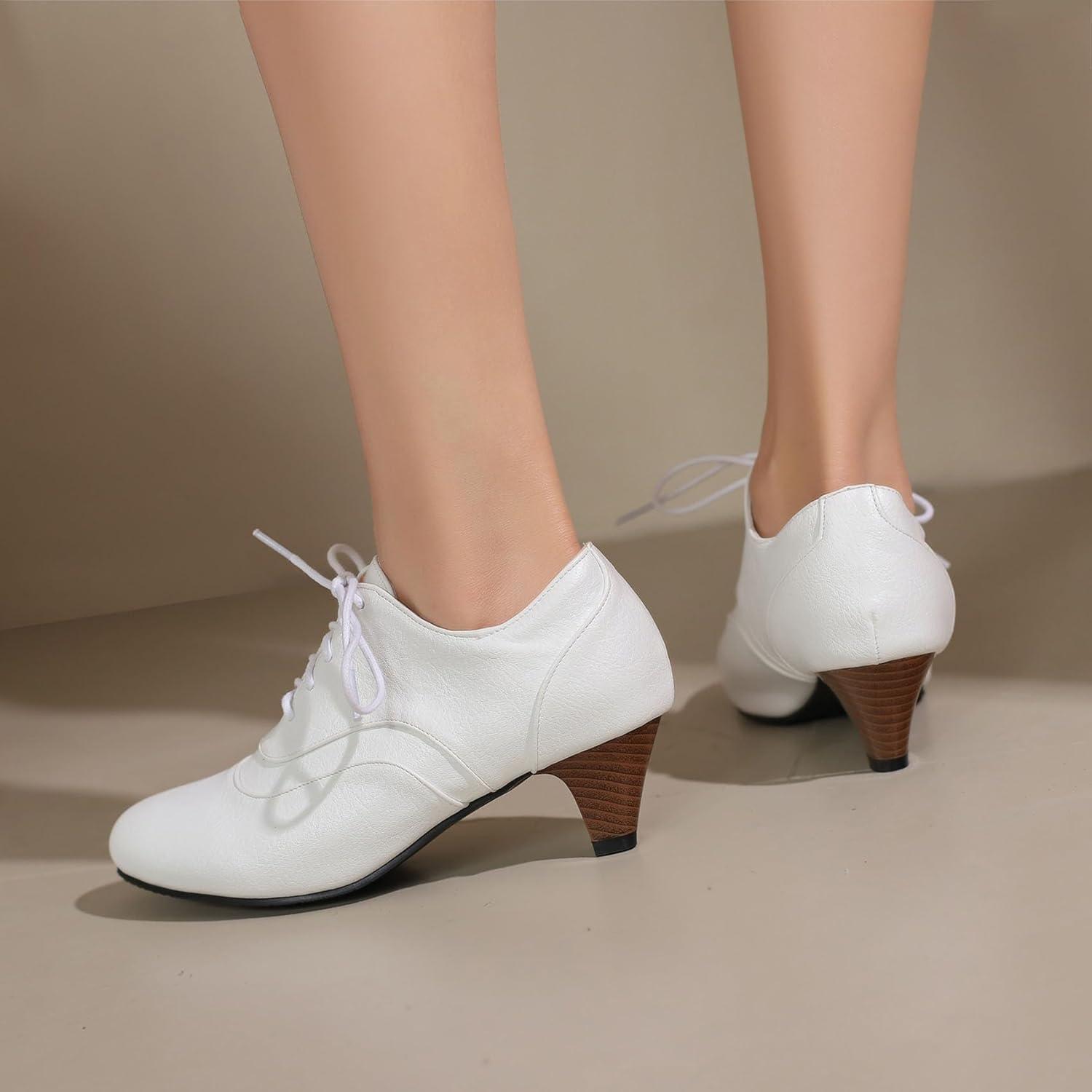 imageSHEMEE Vintage Kitten Heels Oxford Pumps for Women Stacked Cone Heel Victorian Witch Shoes LaceUp Brogues Work Office ShoeWhite 504