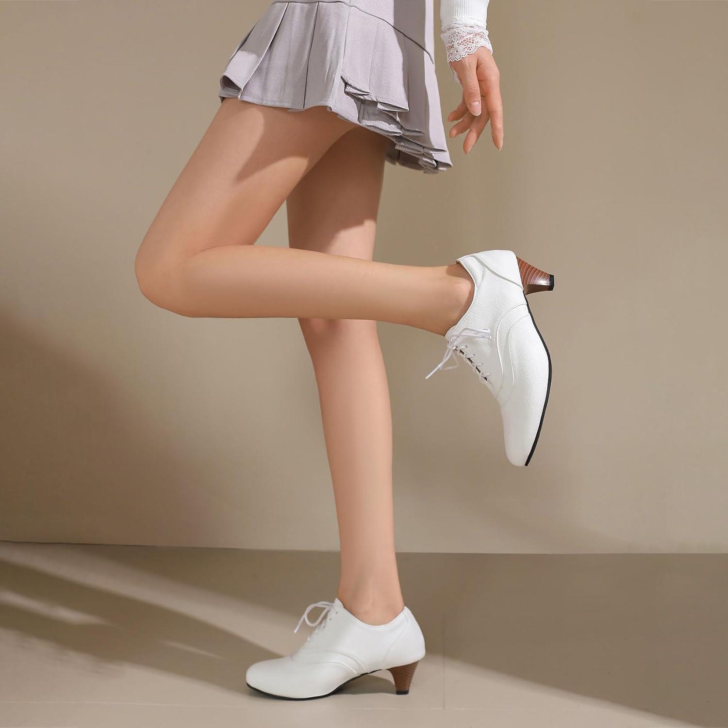 imageSHEMEE Vintage Kitten Heels Oxford Pumps for Women Stacked Cone Heel Victorian Witch Shoes LaceUp Brogues Work Office ShoeWhite 504