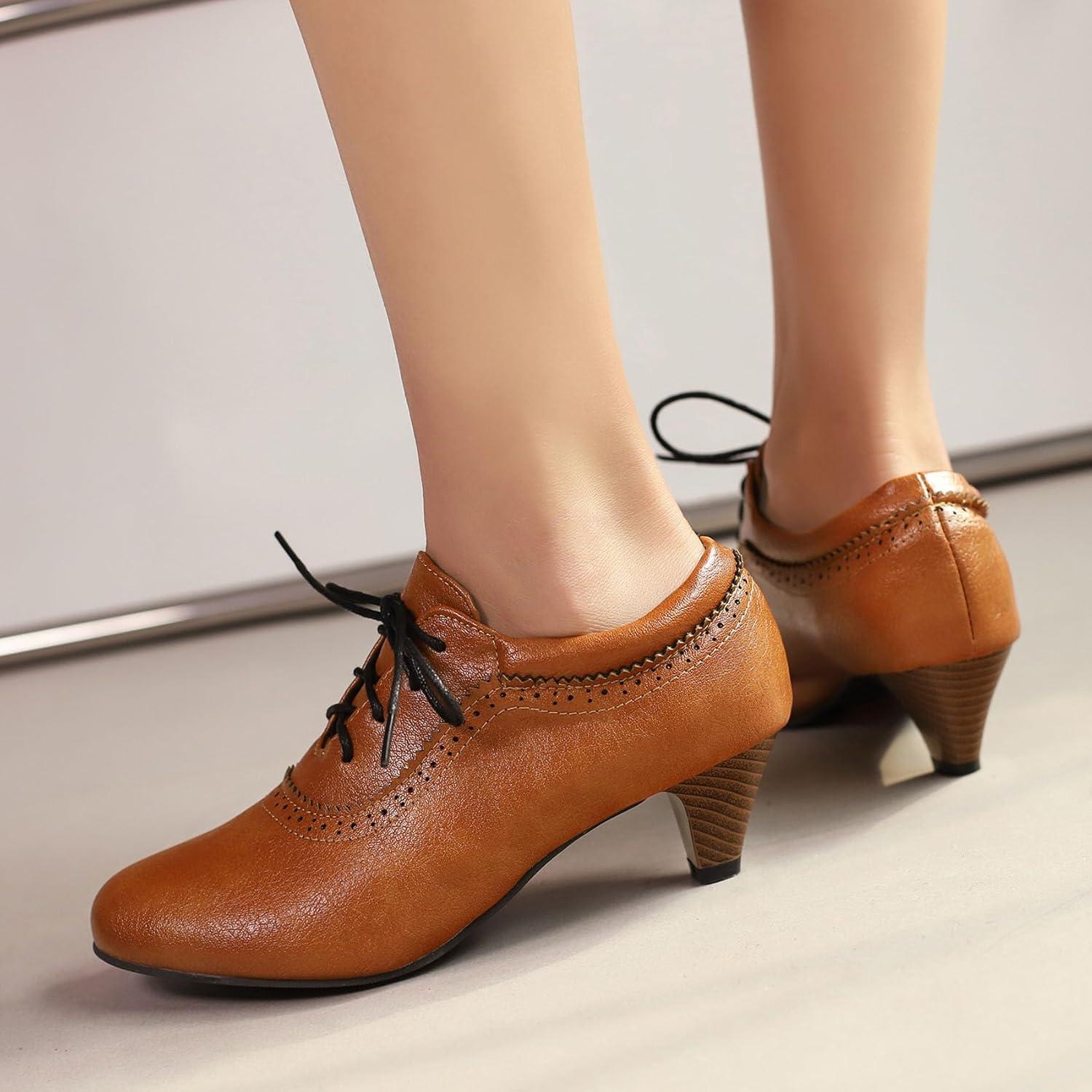 imageSHEMEE Vintage Kitten Heels Oxford Pumps for Women Stacked Cone Heel Victorian Witch Shoes LaceUp Brogues Work Office ShoeYellow 501