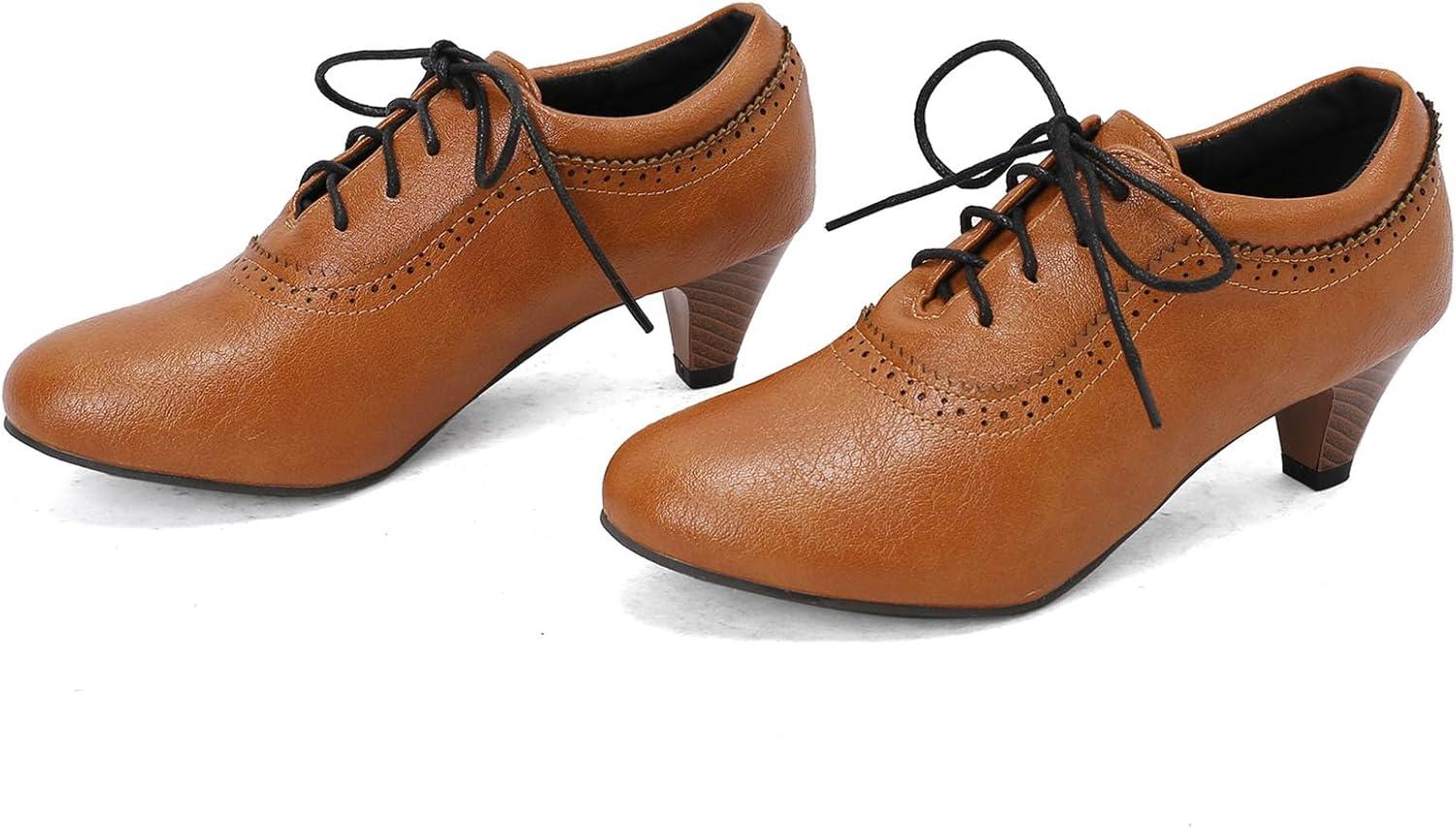 imageSHEMEE Vintage Kitten Heels Oxford Pumps for Women Stacked Cone Heel Victorian Witch Shoes LaceUp Brogues Work Office ShoeYellow 501