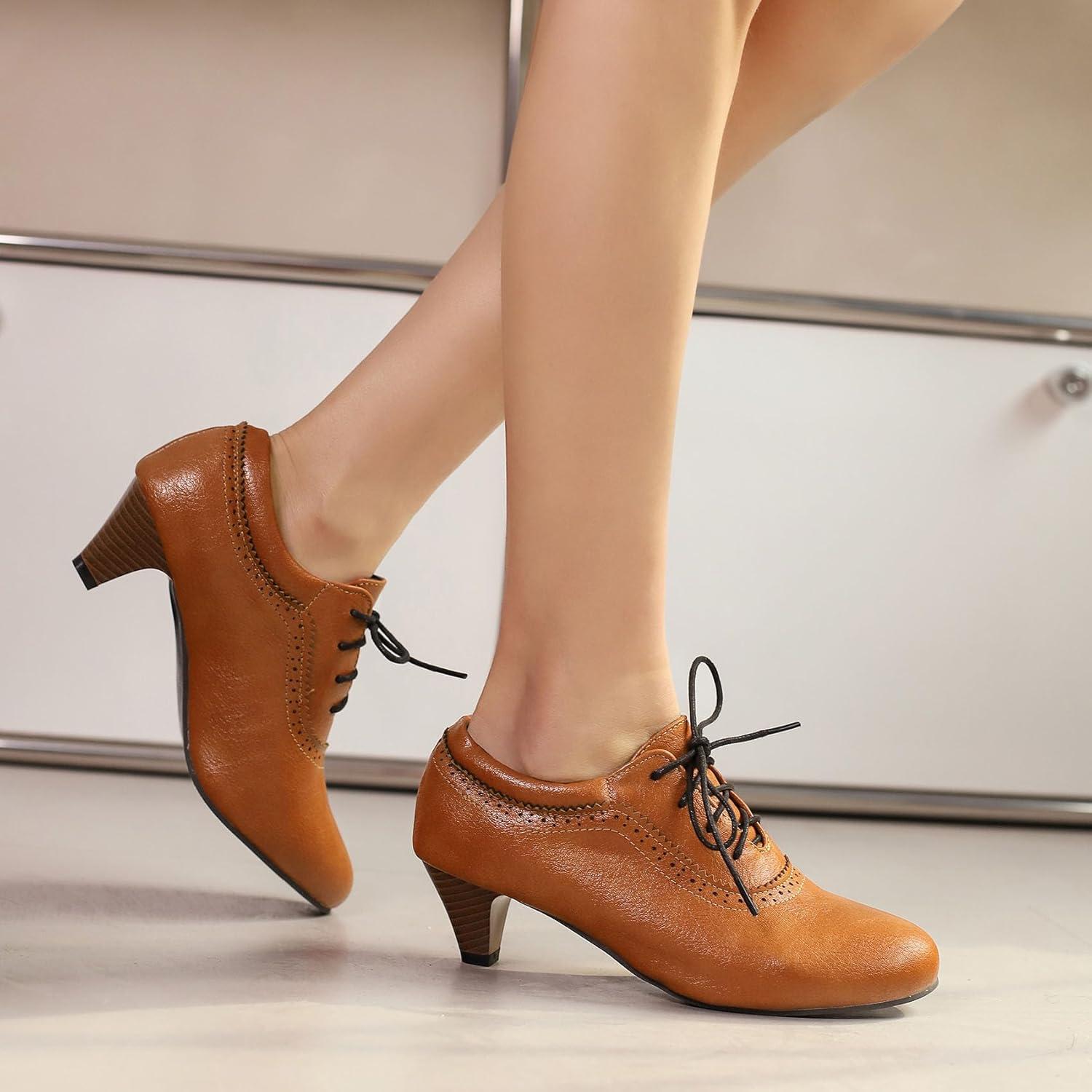 imageSHEMEE Vintage Kitten Heels Oxford Pumps for Women Stacked Cone Heel Victorian Witch Shoes LaceUp Brogues Work Office ShoeYellow 501