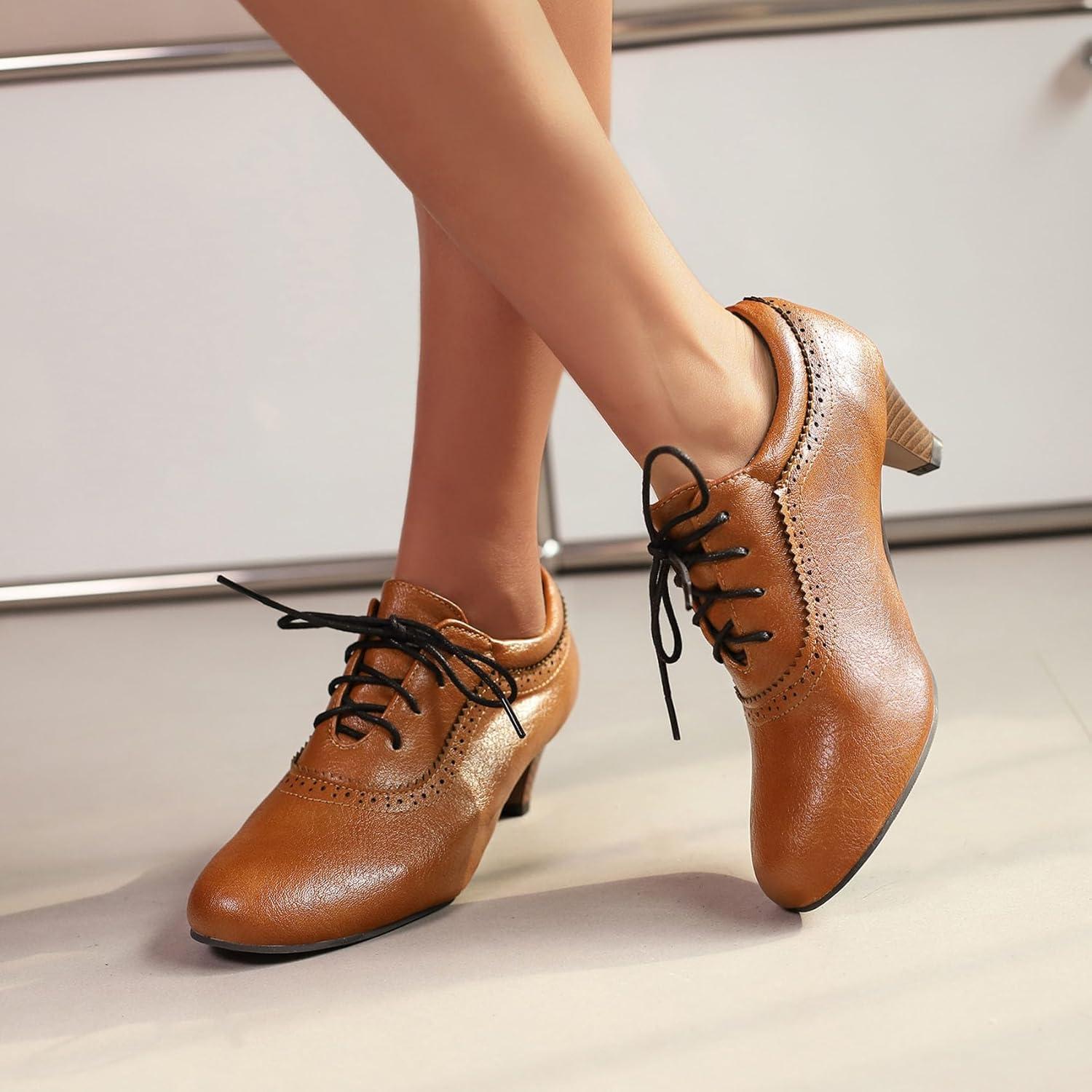 imageSHEMEE Vintage Kitten Heels Oxford Pumps for Women Stacked Cone Heel Victorian Witch Shoes LaceUp Brogues Work Office ShoeYellow 501
