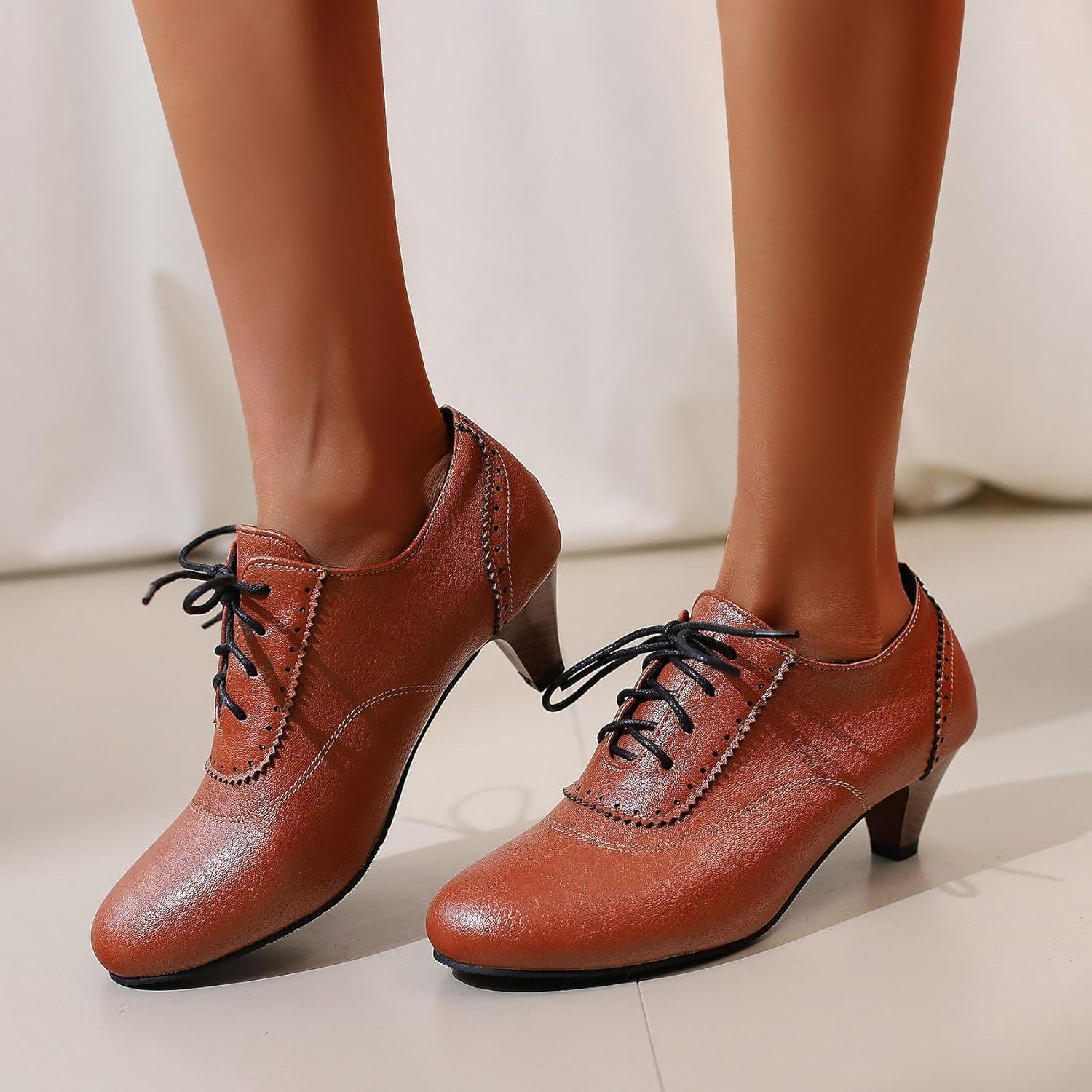 imageSHEMEE Vintage Kitten Heels Oxford Pumps for Women Stacked Cone Heel Victorian Witch Shoes LaceUp Brogues Work Office ShoeYellow 502