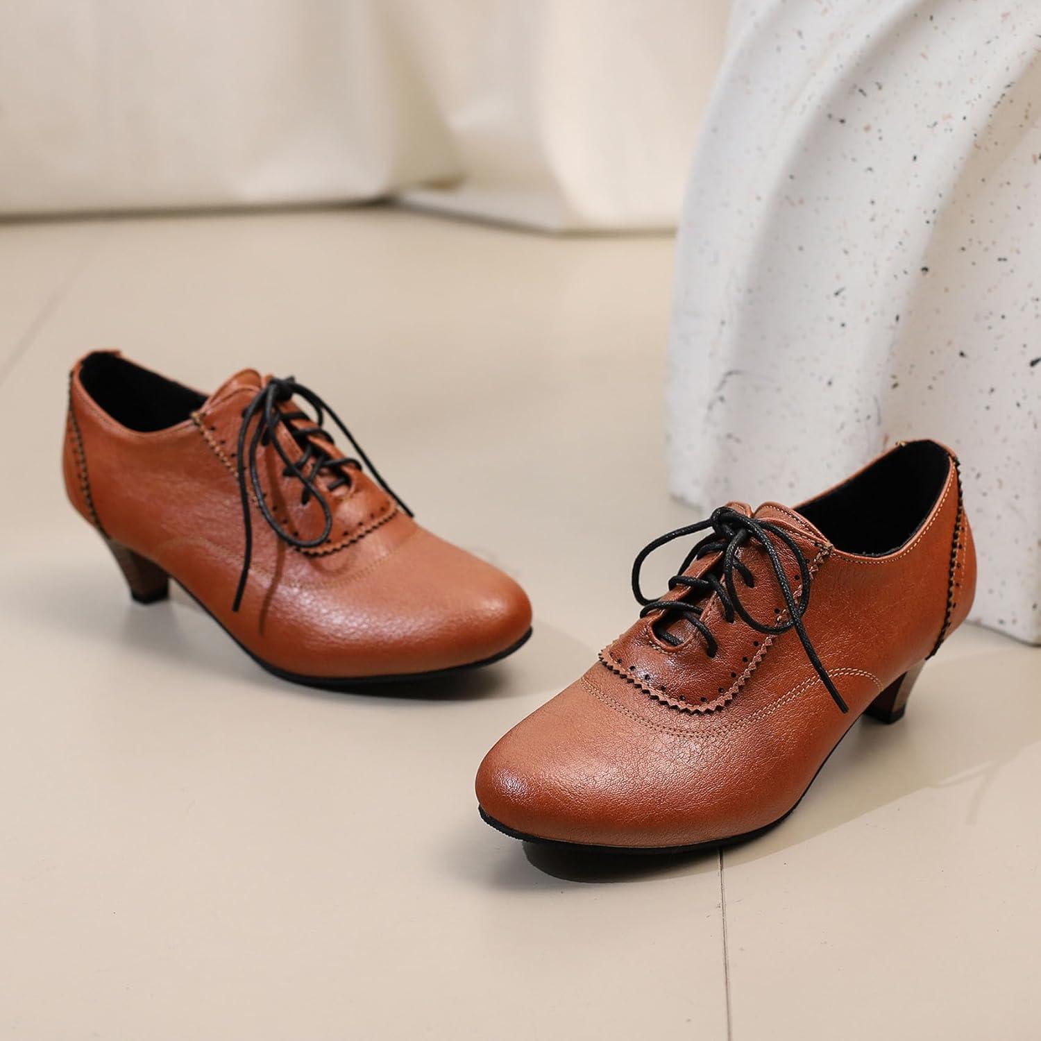 imageSHEMEE Vintage Kitten Heels Oxford Pumps for Women Stacked Cone Heel Victorian Witch Shoes LaceUp Brogues Work Office ShoeYellow 502