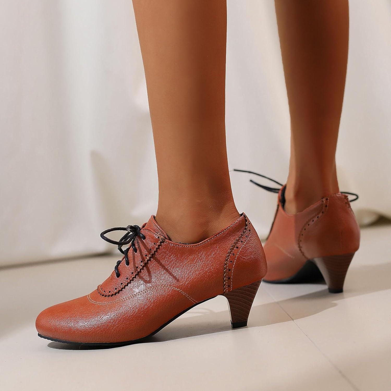 imageSHEMEE Vintage Kitten Heels Oxford Pumps for Women Stacked Cone Heel Victorian Witch Shoes LaceUp Brogues Work Office ShoeYellow 502
